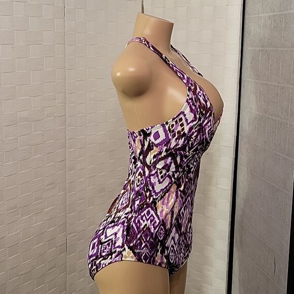 BRAND NEW SPEEDO WOMEN"S CRISSCROSS BACK STYLE ONE-PIECE HALTER RUCHED SWIMSUIT - Picture 5 of 13